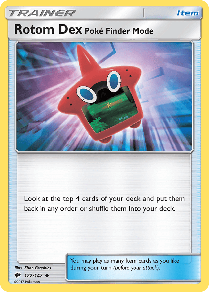 Rotom Dex Poke Finder Mode (122/147) [Sun & Moon: Burning Shadows] card image displaying its game effect.