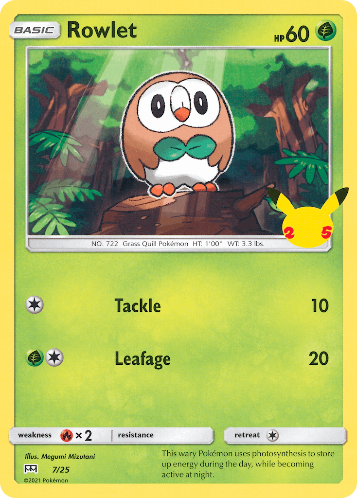 Rowlet (7/25) [McDonald's 25th Anniversary] card featuring Grass type Pokémon with attacks Tackle and Leefage.