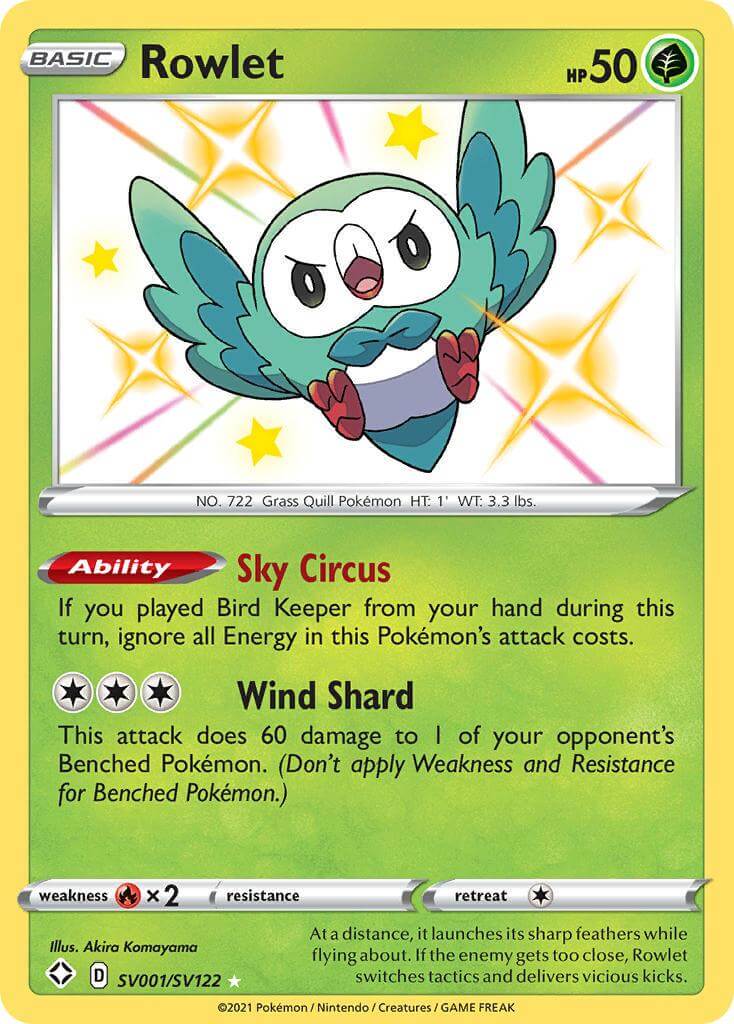 Rowlet (SV001/SV122) [Sword & Shield: Shining Fates] with HP 50 and Sky Circus ability on a Pokémon card.