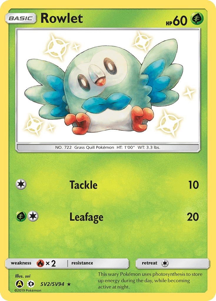 Rowlet (SV2/SV94) [Sun & Moon: Hidden Fates - Shiny Vault] featuring Grass type and ultra rare card details.