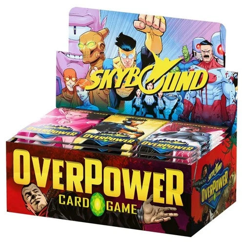 OverPower Skybound booster display featuring colorful booster packs and superhero artwork.