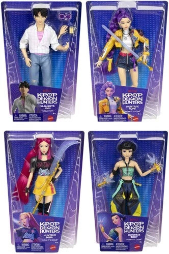 KPop Demon Hunters fashion dolls collection featuring Rumi, Mira, Zoey, and Jinu in stylish packaging.