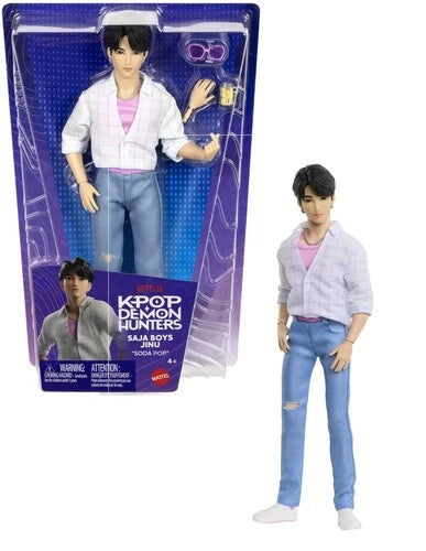 KPop Demon Hunters fashion dolls Jinu wearing Soda Pop outfit in packaging and standing pose