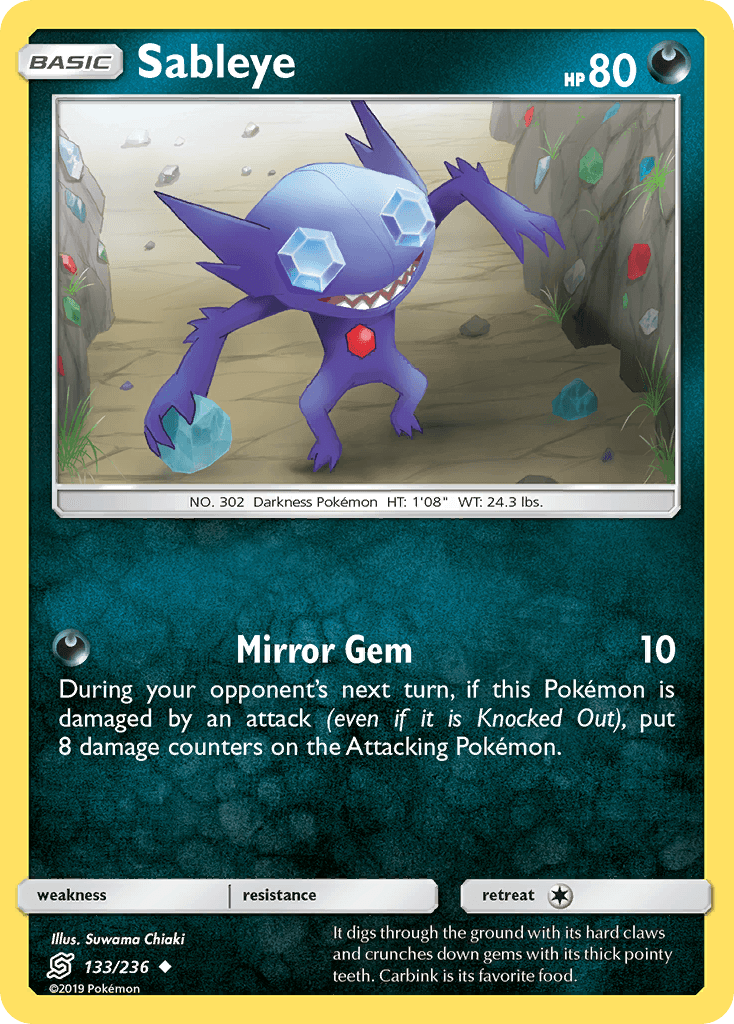 Sableye (133/236) [Sun & Moon: Unified Minds] card featuring the Darkness Pokémon with Mirror Gem ability.