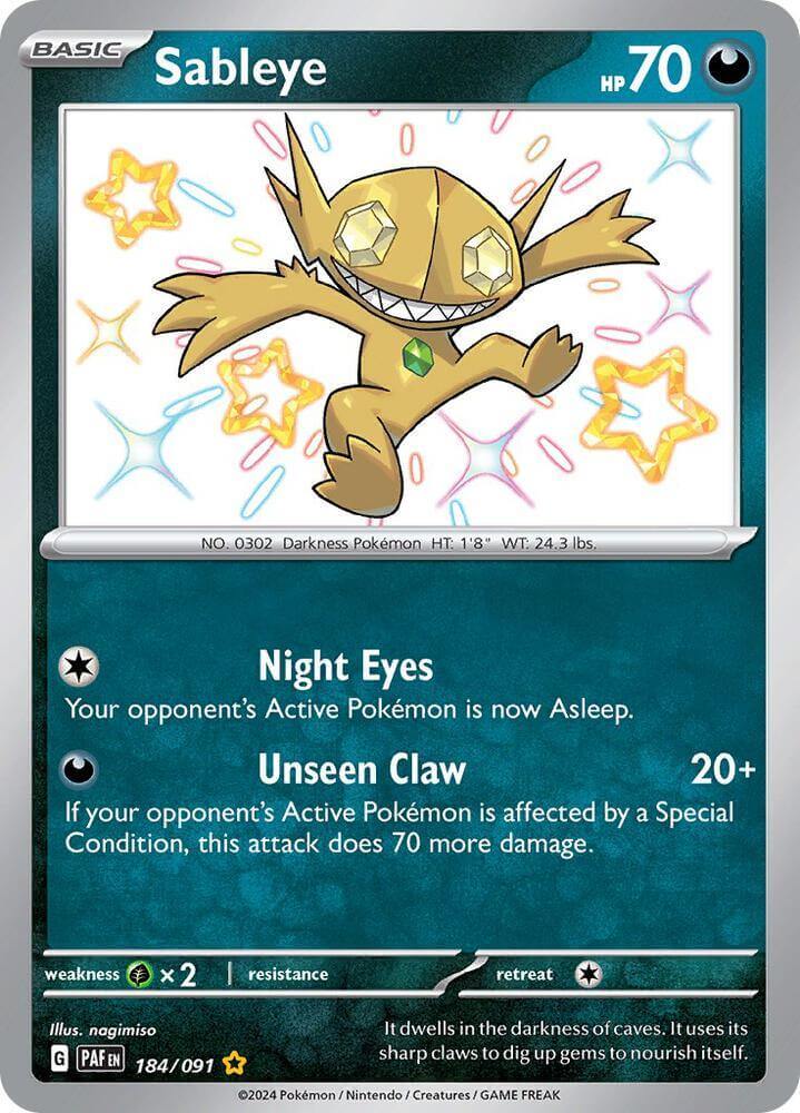 Sableye (184/091) [Scarlet & Violet: Paldean Fates] card featuring Night Eyes and Unseen Claw attacks.