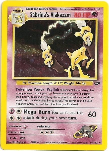Sabrina's Alakazam (16/132) [Gym Challenge Unlimited] Holo Rare card featuring Psychic abilities and artwork.