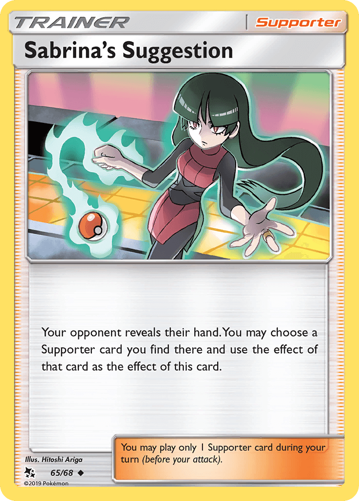 Sabrina's Suggestion (65/68) [Sun & Moon: Hidden Fates] trading card featuring a Trainer with psychic abilities.