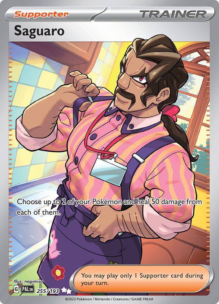 Saguaro (255/193) [Scarlet & Violet: Paldea Evolved] Ultra Rare Supporter card featuring a character in a colorful shirt.