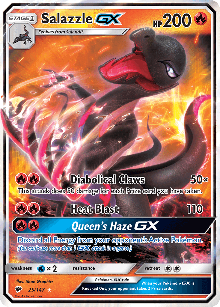 Salazzle GX (25/147) [Sun & Moon: Burning Shadows] featuring HP 200 and abilities like Diabolical Claws and Queen's Haze GX.
