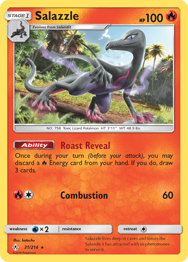 Salazzle (31/214) [Sun & Moon: Unbroken Bonds] with ability Roast Reveal and HP 100 used in gameplay.