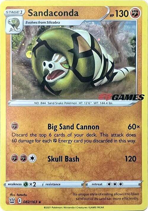 Sandaconda (082/163) (EB Games Exclusive) [Sword & Shield: Battle Styles] card featuring Big Sand Cannon and Skull Bash.