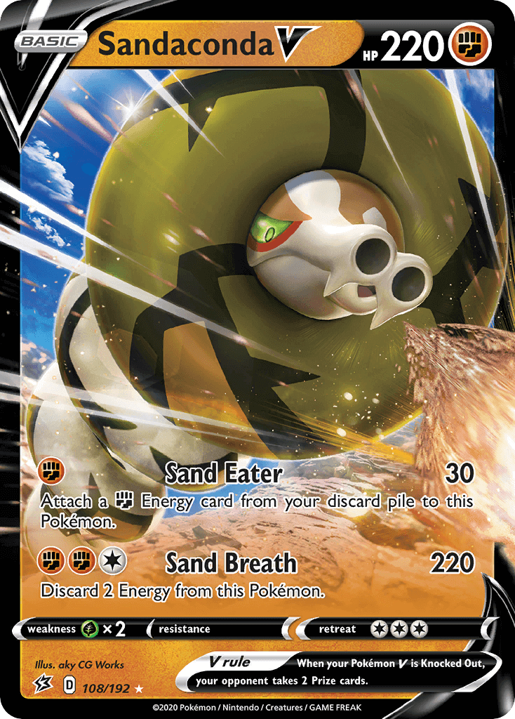 Sandaconda V (108/192) [Sword & Shield: Rebel Clash] card featuring HP 220 and attacks Sand Eater and Sand Breath.