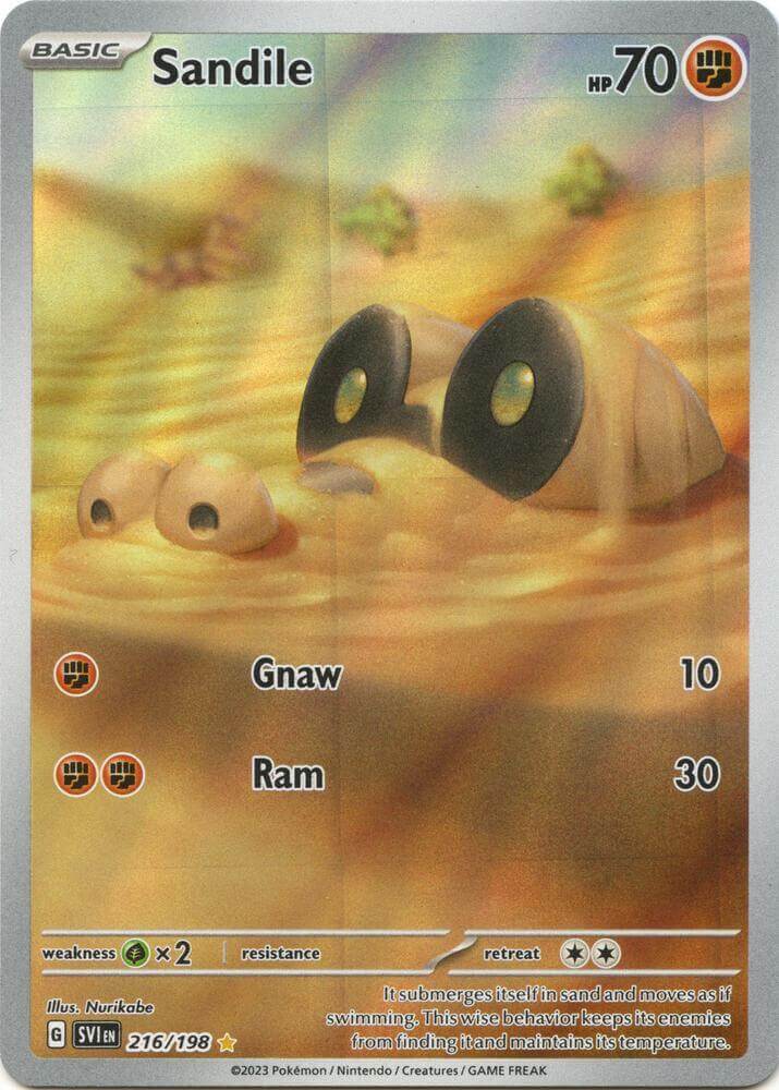 Sandile (216/198) [Scarlet & Violet: Base Set] Pokémon card showcasing its Fighting type and Secret Rare rarity.