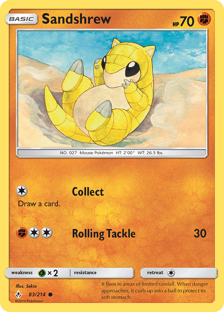 Sandshrew (83/214) [Sun & Moon: Unbroken Bonds] trading card featuring its abilities and characteristics.