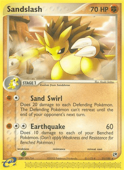Sandslash (21/100) [EX: Sandstorm] trading card featuring Sand Swirl and Earthquake moves.