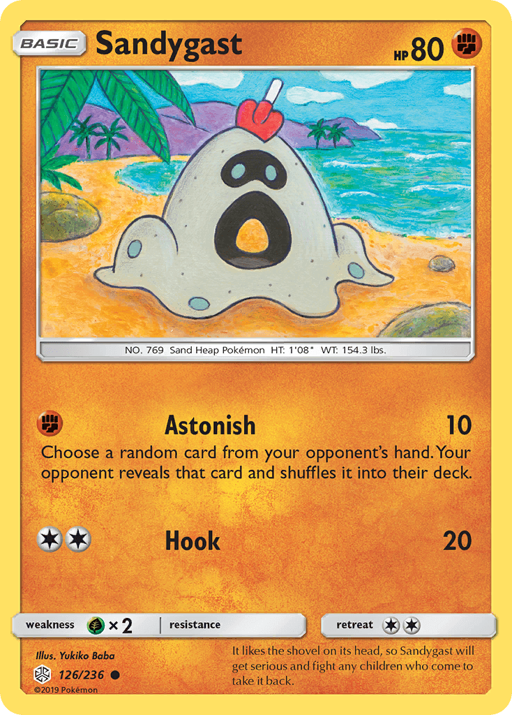 Image of Sandygast (126/236) [Sun & Moon: Cosmic Eclipse] card featuring its attacks and HP.