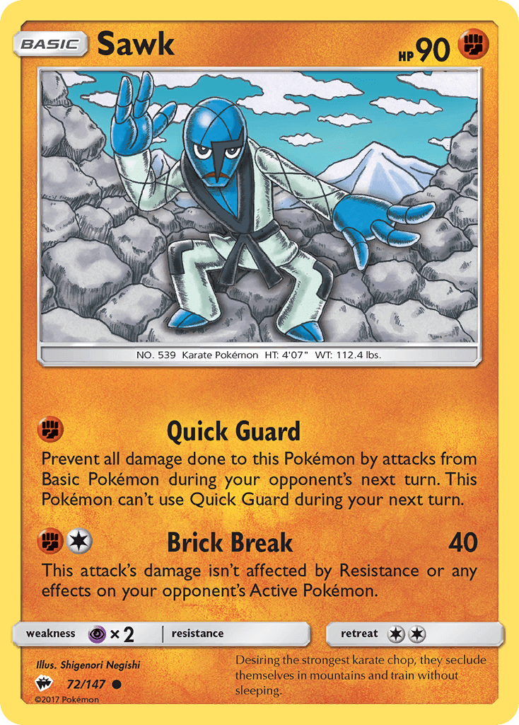 Sawk (72/147) [Sun & Moon: Burning Shadows] card featuring Quick Guard and Brick Break moves with Fighting type attributes.