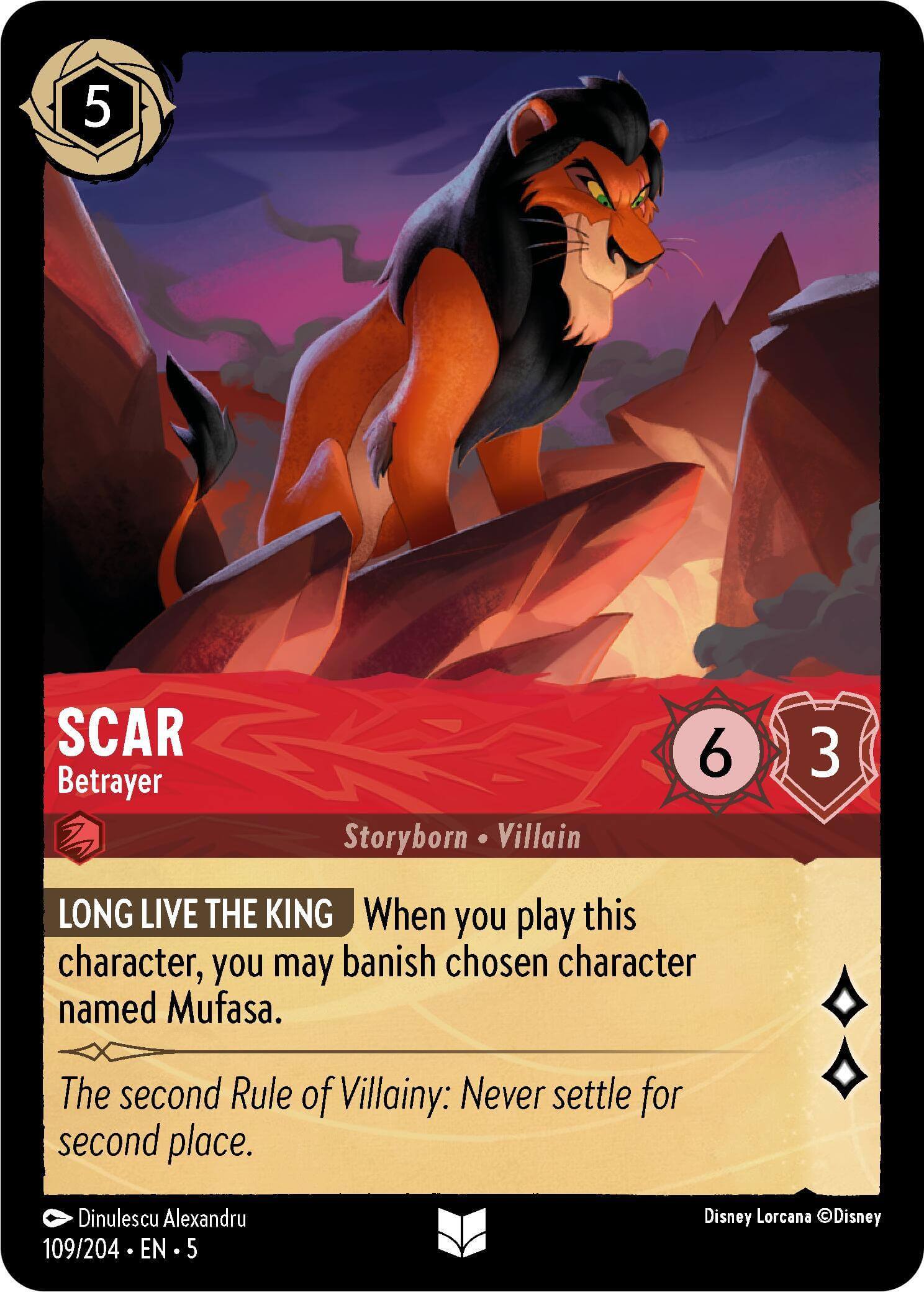 Scar - Betrayer (109/204) [Shimmering Skies] card featuring the character Scar in a villainous pose.