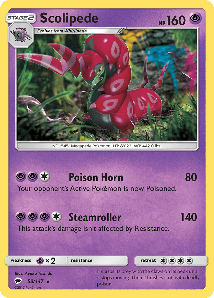 Scolipede (58/147) [Sun & Moon: Burning Shadows] card showcasing Poison Horn and Steamroller moves.