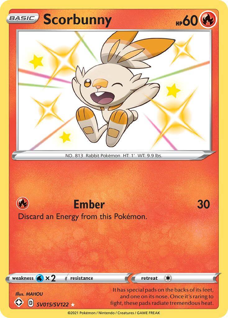 Scorbunny (SV015/SV122) [Sword & Shield: Shining Fates] ultra rare Pokémon card featuring Ember attack.