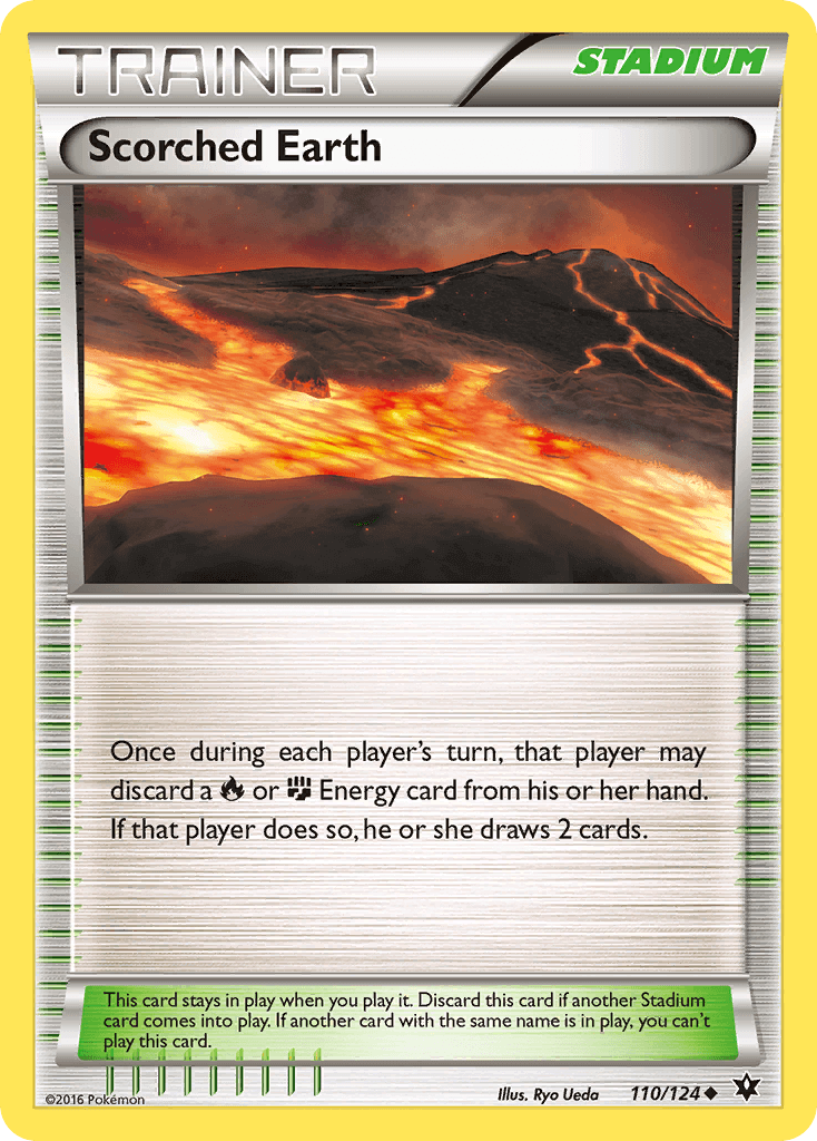 Scorched Earth (110/124) [XY: Fates Collide] Stadium card artwork with fiery landscape and game rules.