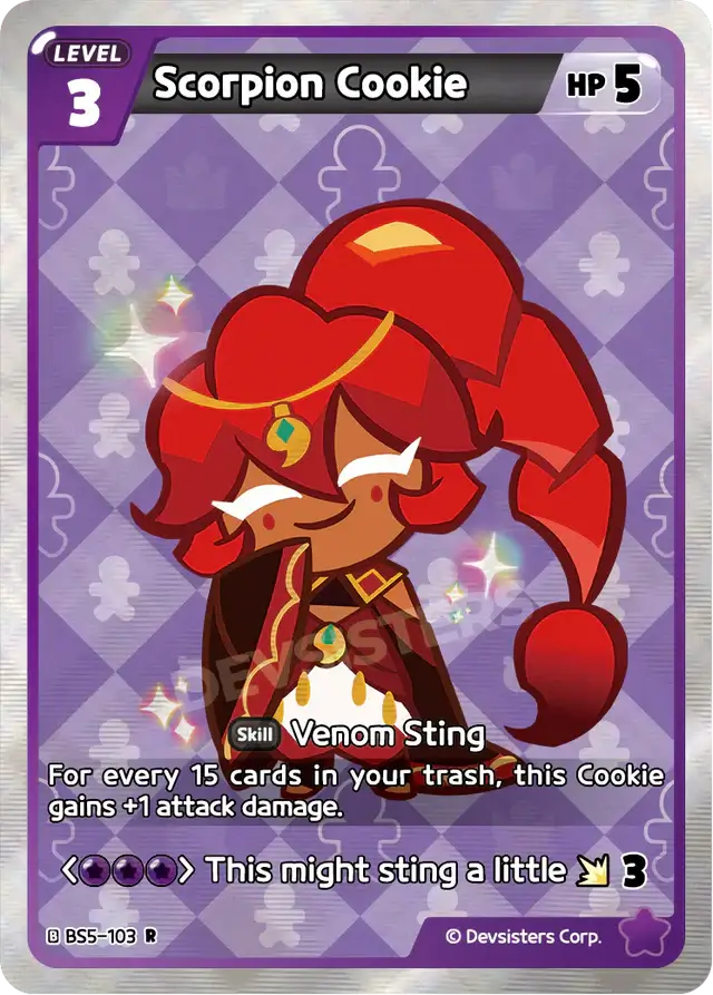 Scorpion Cookie BS5-103 R | Rare Card featuring Venom Sting skill and attack boost details.