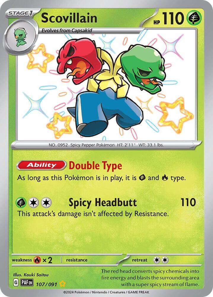 Scovillain (107/091) [Scarlet & Violet: Paldean Fates] card featuring Spicy Pepper Pokémon with Double Type ability.