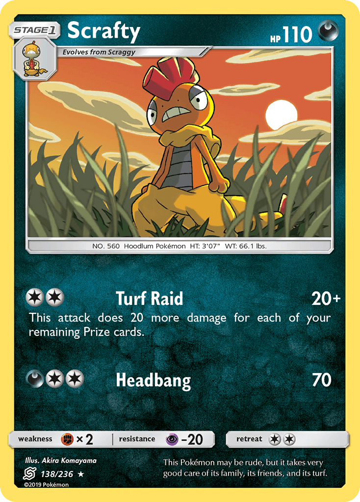 Scrafty (138/236) [Sun & Moon: Unified Minds] Pokémon card showcasing its Turf Raid and Headbang attacks.