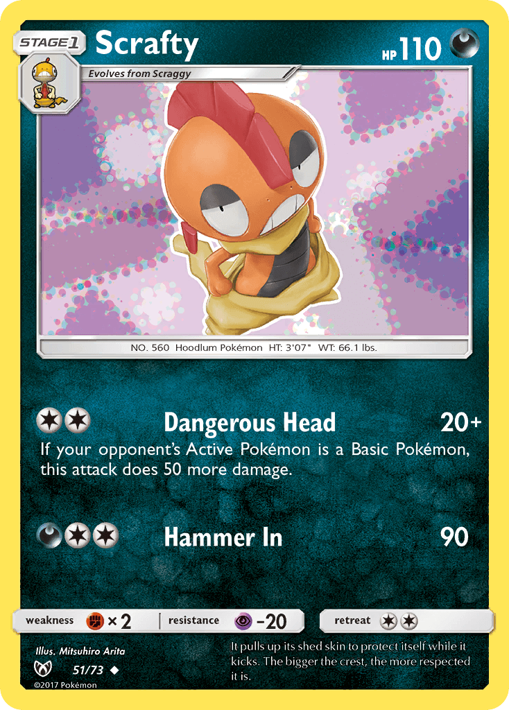 Scrafty (51/73) [Sun & Moon: Shining Legends] featuring Dangerous Head and Hammer In moves.