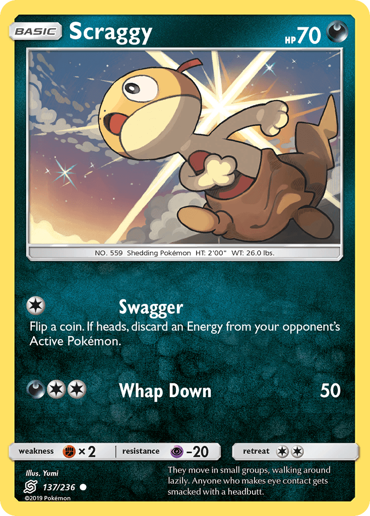 Scraggy (137/236) [Sun & Moon: Unified Minds] card showcasing its abilities and characteristics.