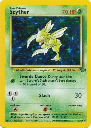 Scyther (10/64) [Jungle Unlimited] trading card featuring Grass type and holo rare collectible details.