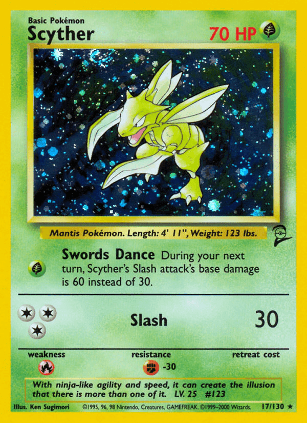 Scyther (17/130) [Base Set 2] collectible card showcasing Grass type and Holo Rare rarity.