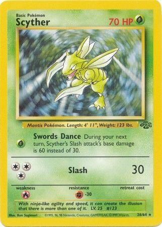 Scyther (26/64) [Jungle Unlimited] Grass type Pokémon card with Swords Dance and illustration of Scyther.