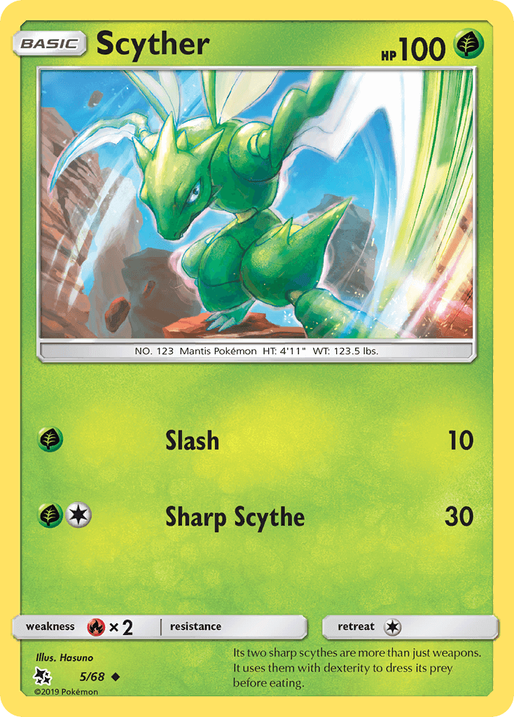 Scyther (5/68) [Sun & Moon: Hidden Fates] card featuring a green Pokémon with HP 100 and special abilities.