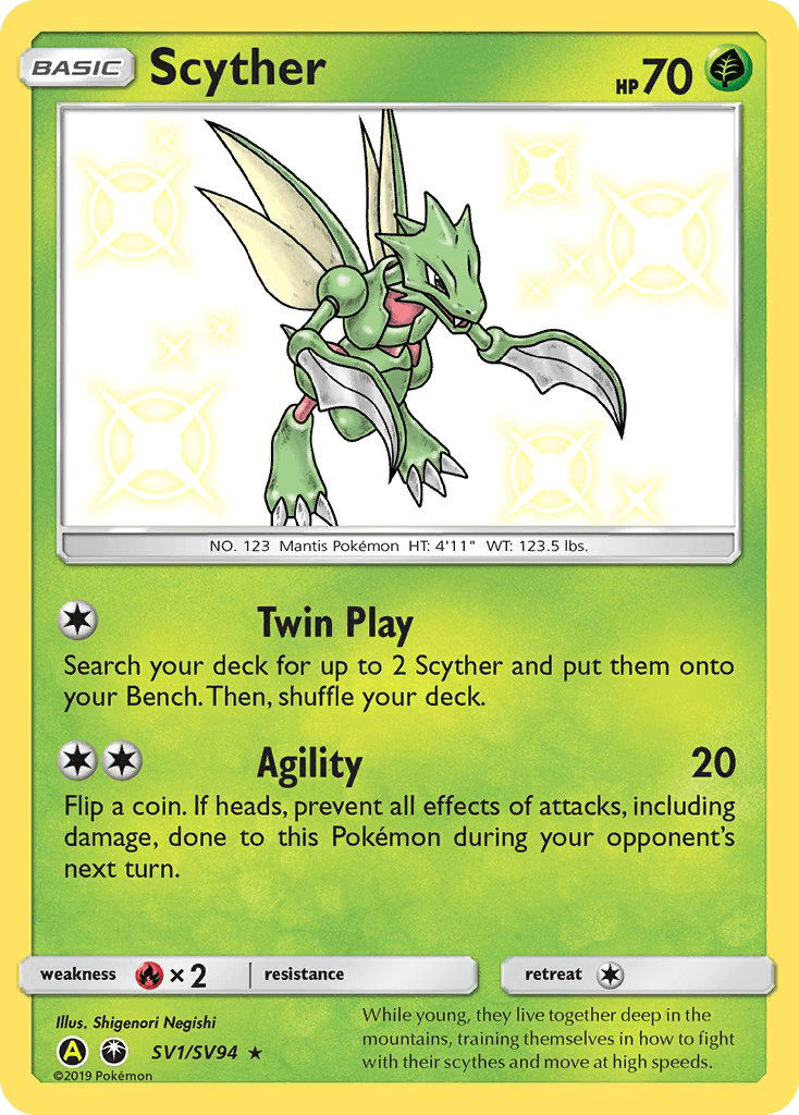 Scyther (SV1/SV94) [Sun & Moon: Hidden Fates - Shiny Vault] card with grass type features and stats.