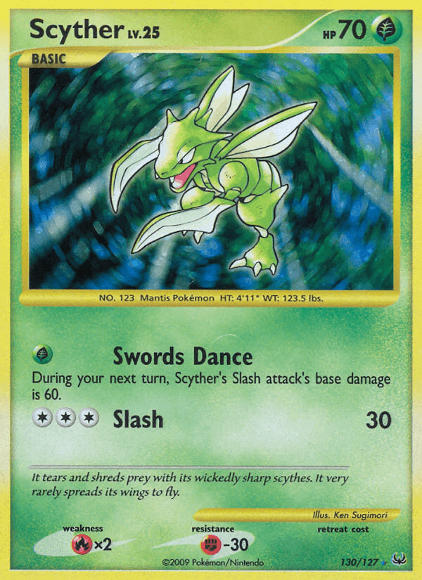 Scyther (130/127) [Platinum: Base Set] showcasing its Swords Dance attack and vibrant Grass type design.