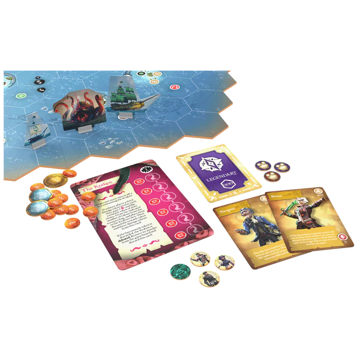 Character and loot cards from Sea of Thieves board game showing pirate crew abilities and treasures