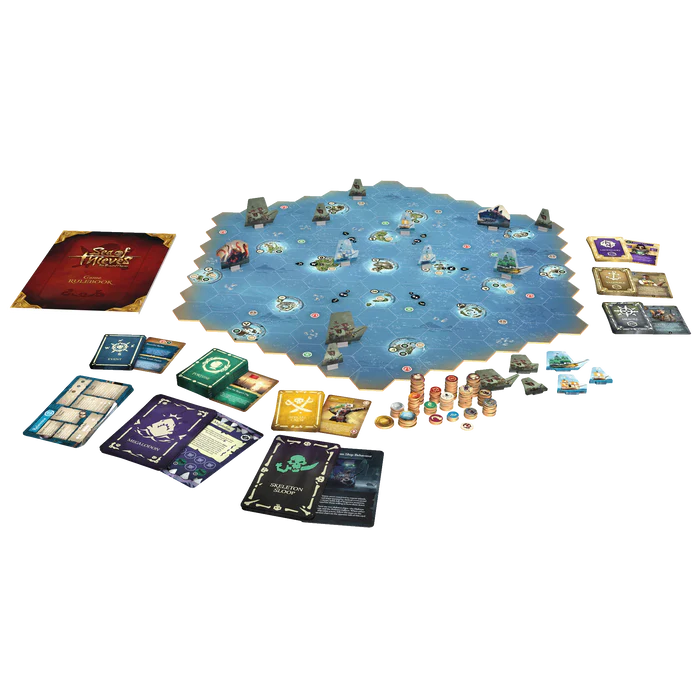 Unboxed Sea of Thieves board game showing ship miniatures, cards, dice, and modular map tiles