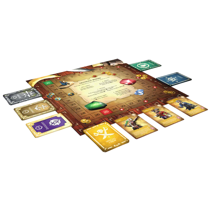 Sea of Thieves: Voyage of Legends board game setup showing ocean tiles, ships, treasure chests, and player areas