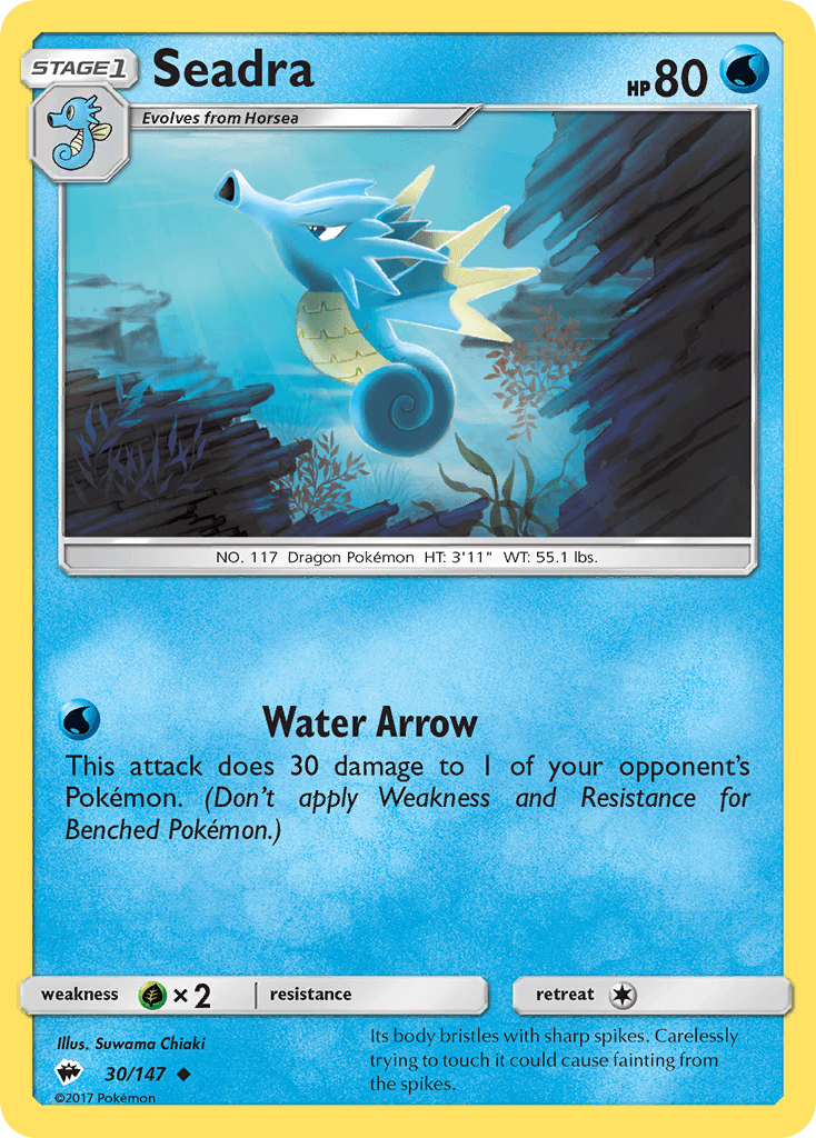 Seadra (30/147) [Sun & Moon: Burning Shadows] card featuring Water Arrow attack and details.