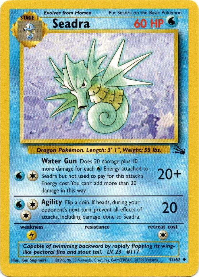 Seadra (42/62) [Fossil Unlimited] card featuring Water Gun and Agility attacks with 60 HP.