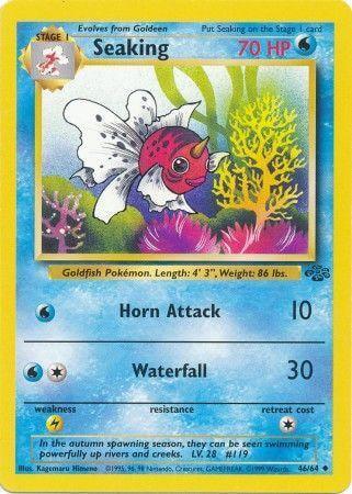 Seaking (46/64) [Jungle Unlimited] card with water-type features and stats including Horn Attack and Waterfall.