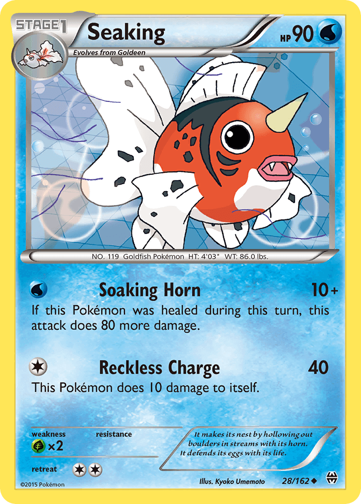 Seaking (28/162) [XY: BREAKthrough] card featuring artwork, HP stats, and attack details.