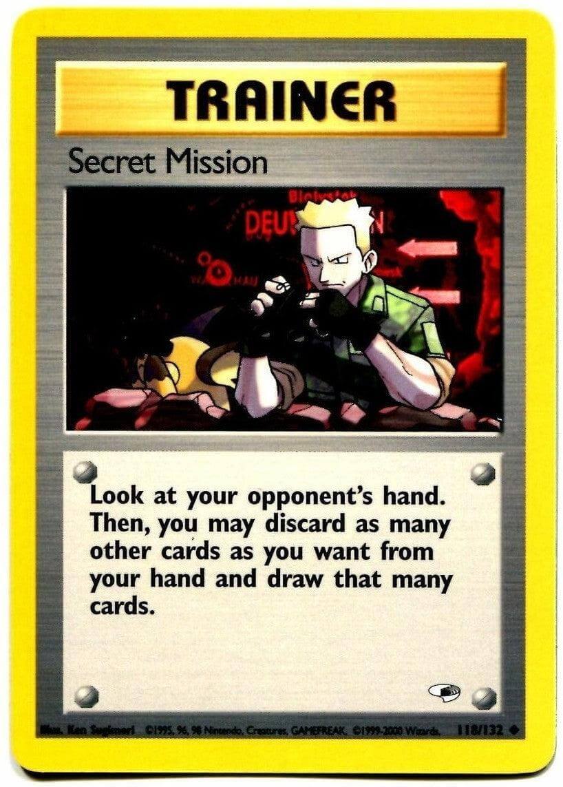 Secret Mission (118/132) [Gym Heroes Unlimited] Trainer card featuring a character analyzing an opponent's hand.
