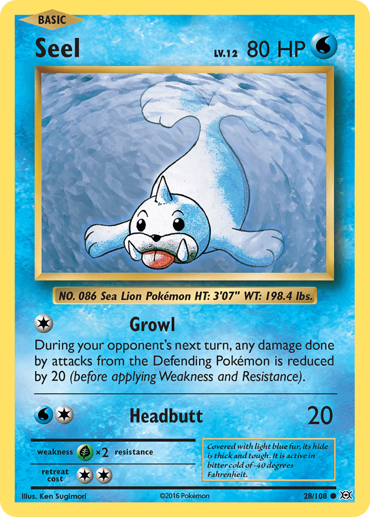Seel (28/108) [XY: Evolutions] Water type Pokémon card featuring Seel's illustration and stats.
