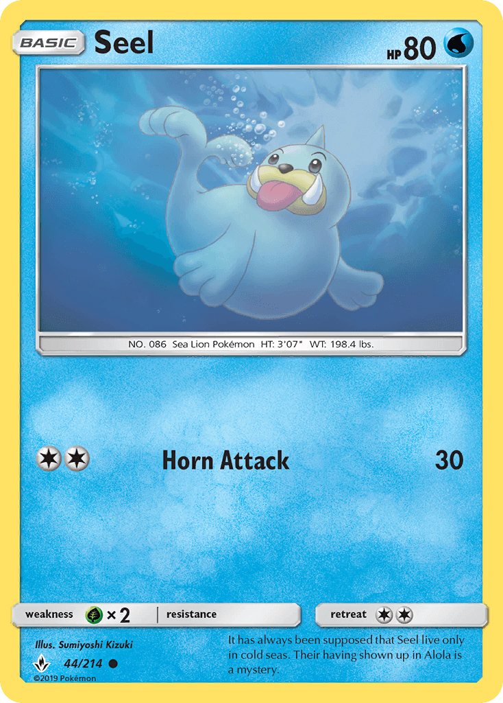 Seel (44/214) [Sun & Moon: Unbroken Bonds] water-type Pokémon card featuring Horn Attack.
