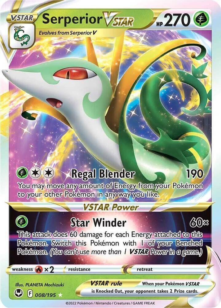 Serperior VSTAR (008/195) [Sword & Shield: Silver Tempest] card showcasing its abilities and artwork.