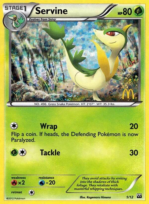 Servine (1/12) [McDonald's Promos: 2012 Collection] features Wrap and Tackle moves on a vibrant Pokémon card.