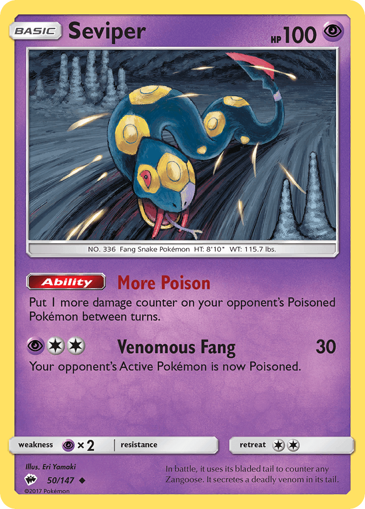 Seviper (50/147) [Sun & Moon: Burning Shadows] card featuring ability More Poison and Venomous Fang attack.
