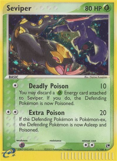 Seviper (11/100) [EX: Sandstorm] card featuring Deadly Poison and Extra Poison attacks with green design.